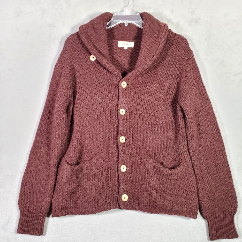 JIGSAW Cardigan Womens L Brown‎ Wool Heavy Oversized Shawl Neck Fisherman Cozy